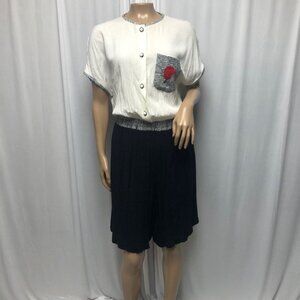 Russ Petites Black White Shorts Romper Womens Size 14 Button Front USA Vintage